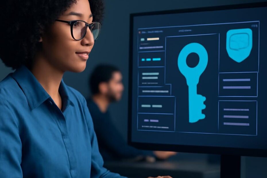 Ilustración de una clave API protegida dentro de un panel de configuración digital.