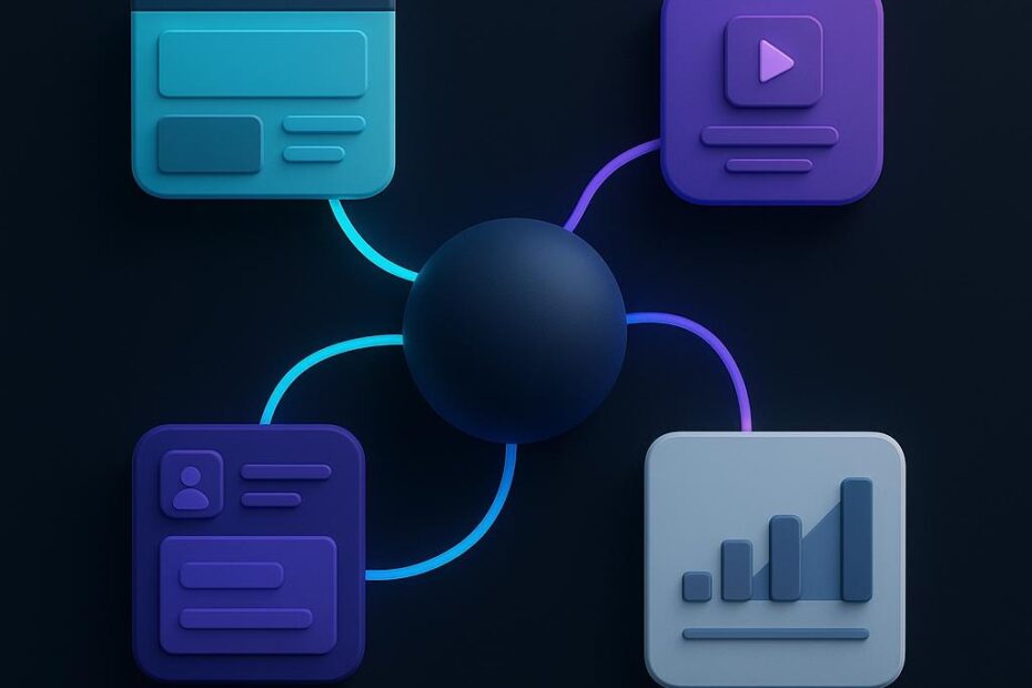Diagrama conceptual de una estrategia de marca conectada con un sitio web, campañas digitales, redes sociales y medición.