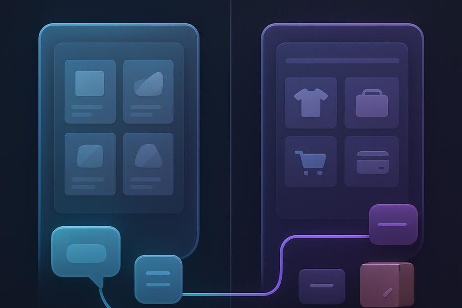 Diagrama comparativo de un catálogo digital que lleva a consulta y una tienda en línea que lleva a carrito, pago y envío.