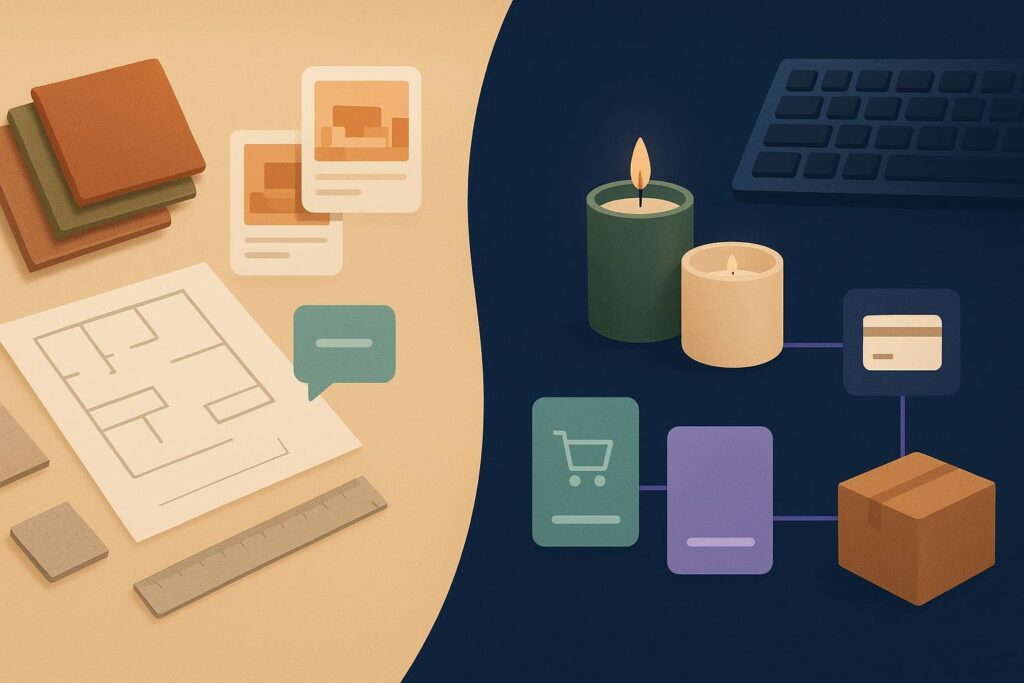 Comparación visual entre un servicio de diseño de interiores que solicita información para cotizar y una marca de velas preparada para compra, pago y envío en línea.