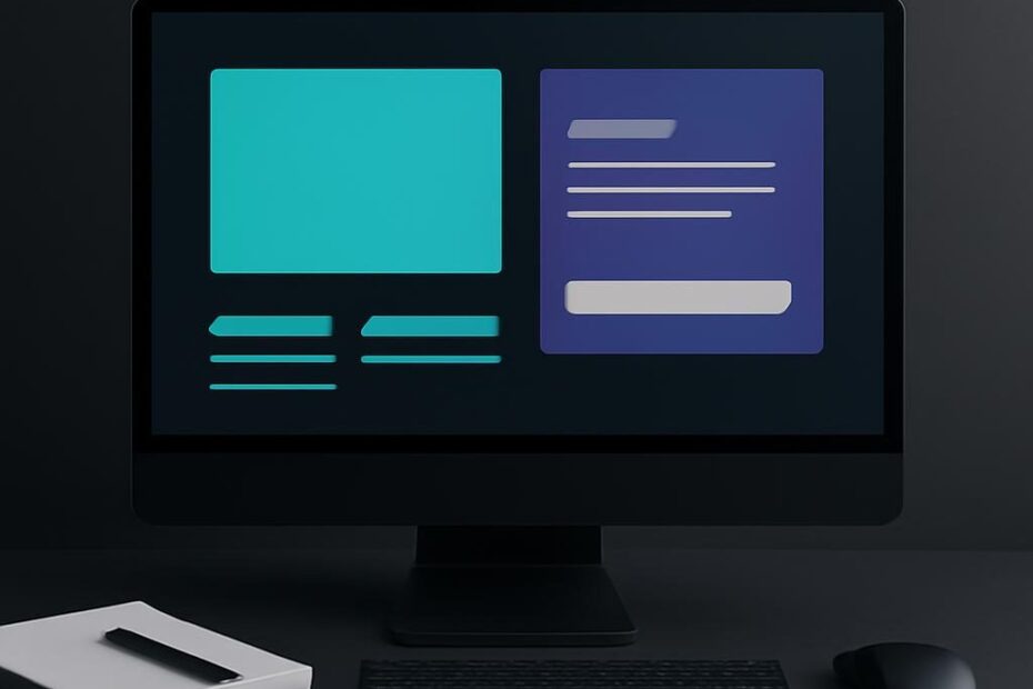 Ilustración profesional de una plataforma web con fondo oscuro y acentos turquesa y morado
