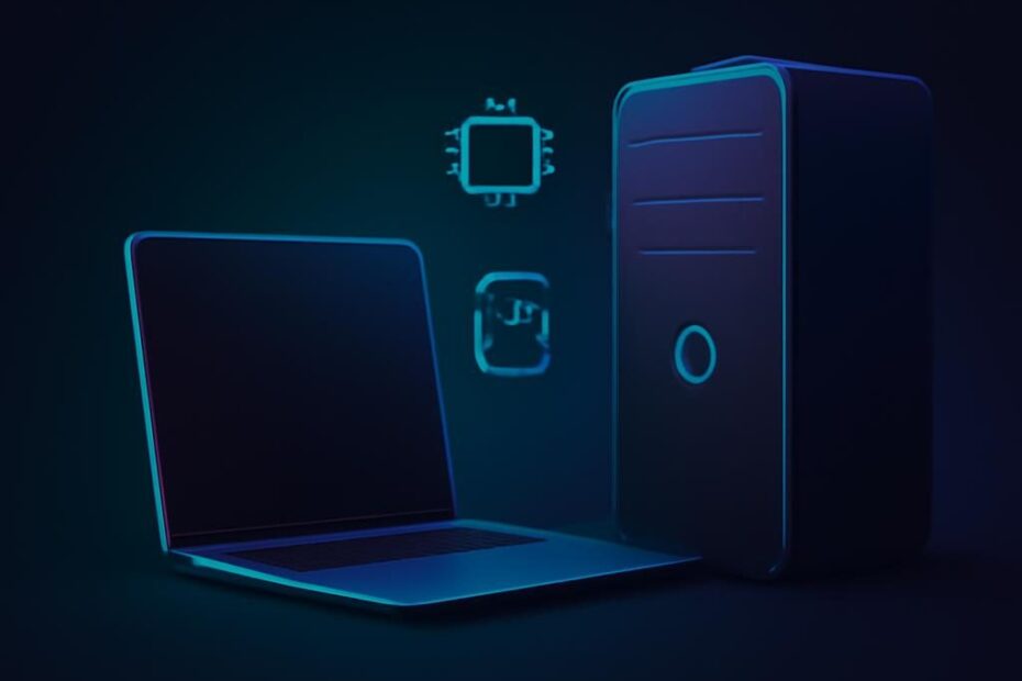 Laptop y torre de escritorio sobre fondo oscuro turquesa y morado, íconos de rendimiento y seguridad