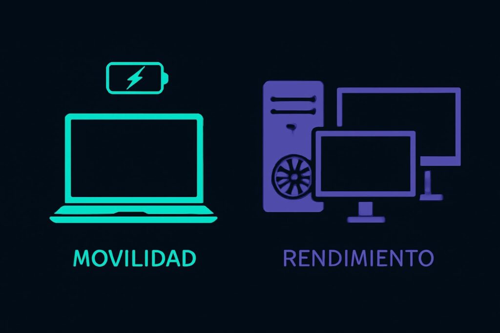 Comparación visual entre una laptop (movilidad) y un escritorio (rendimiento) con íconos representativos