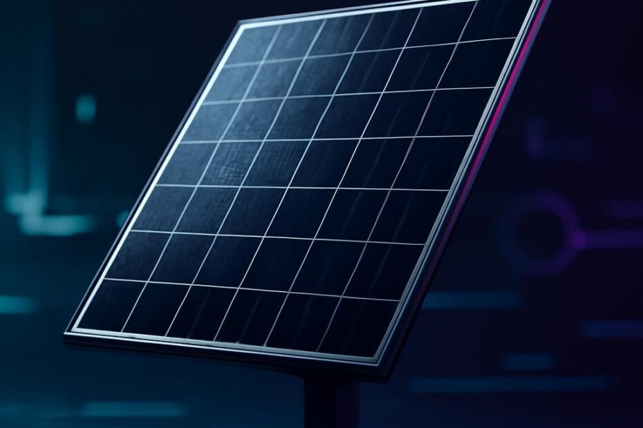 Panel solar con estilo visual profesional y fondo oscuro en tonos turquesa y morado