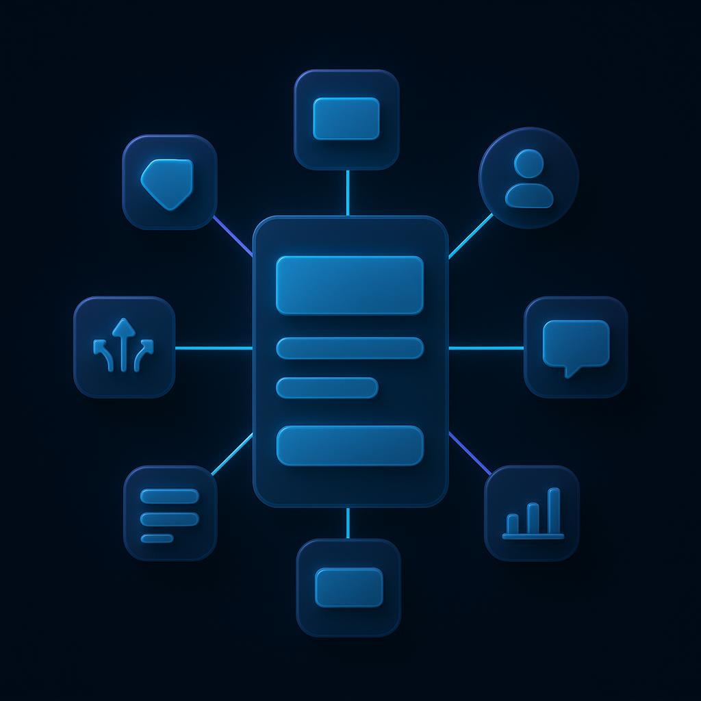Diagrama circular de los elementos estratégicos que se preparan antes de diseñar una landing page, conectados a una página central.