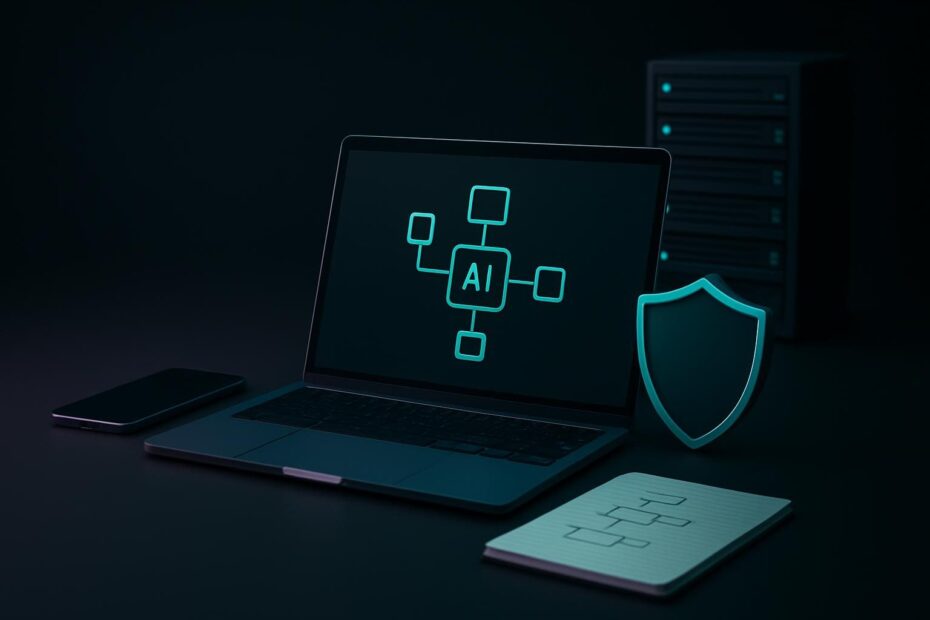 Espacio de trabajo con laptop mostrando diagrama de modelo de AI y servidor al fondo