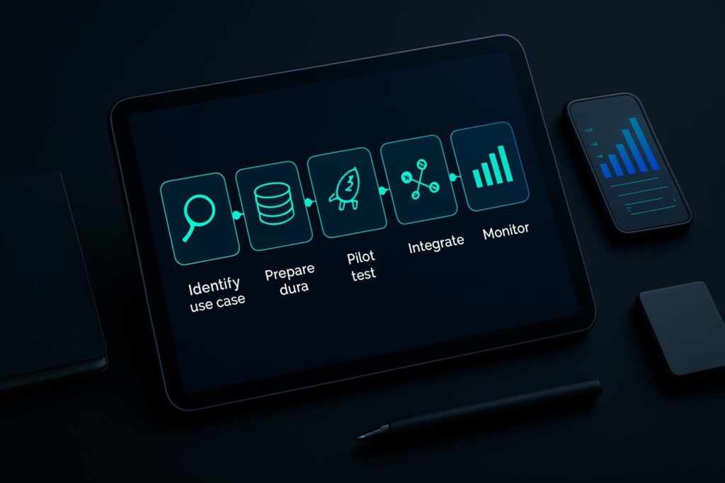 Diagrama de cinco pasos en tablet: identificar caso, preparar datos, piloto, integrar y monitorear