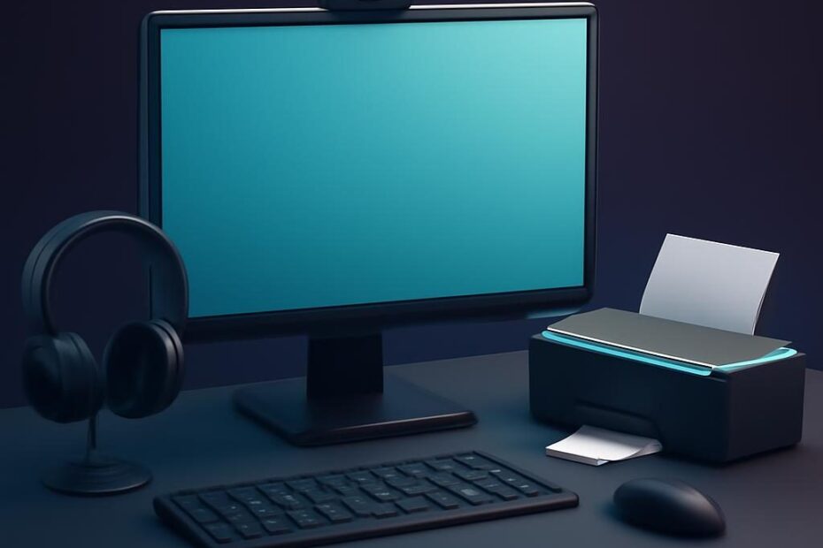 Computadora de escritorio con dispositivos periféricos como teclado, mouse, cámara y audífonos.