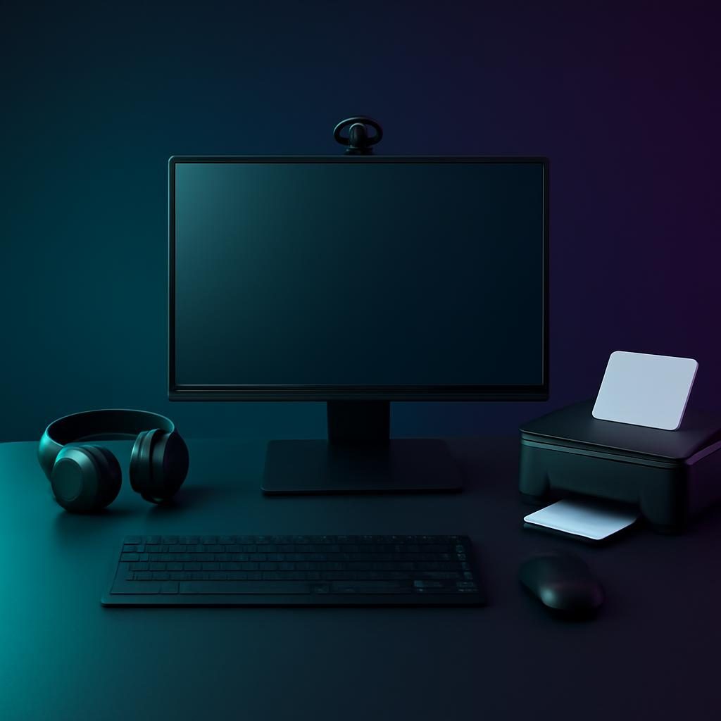 Computadora de escritorio con dispositivos periféricos como teclado, mouse, cámara y audífonos.