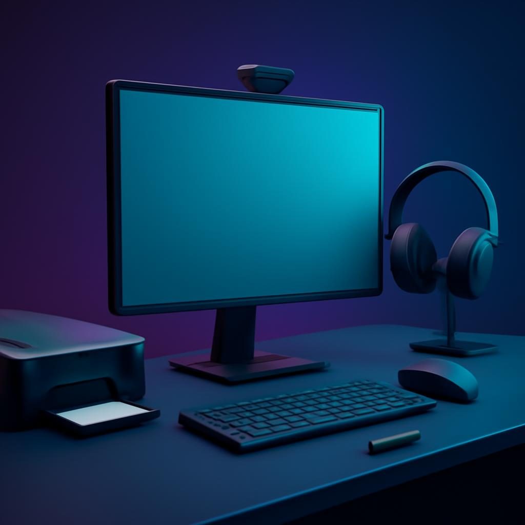 Computadora de escritorio con dispositivos periféricos como teclado, mouse, cámara y audífonos.