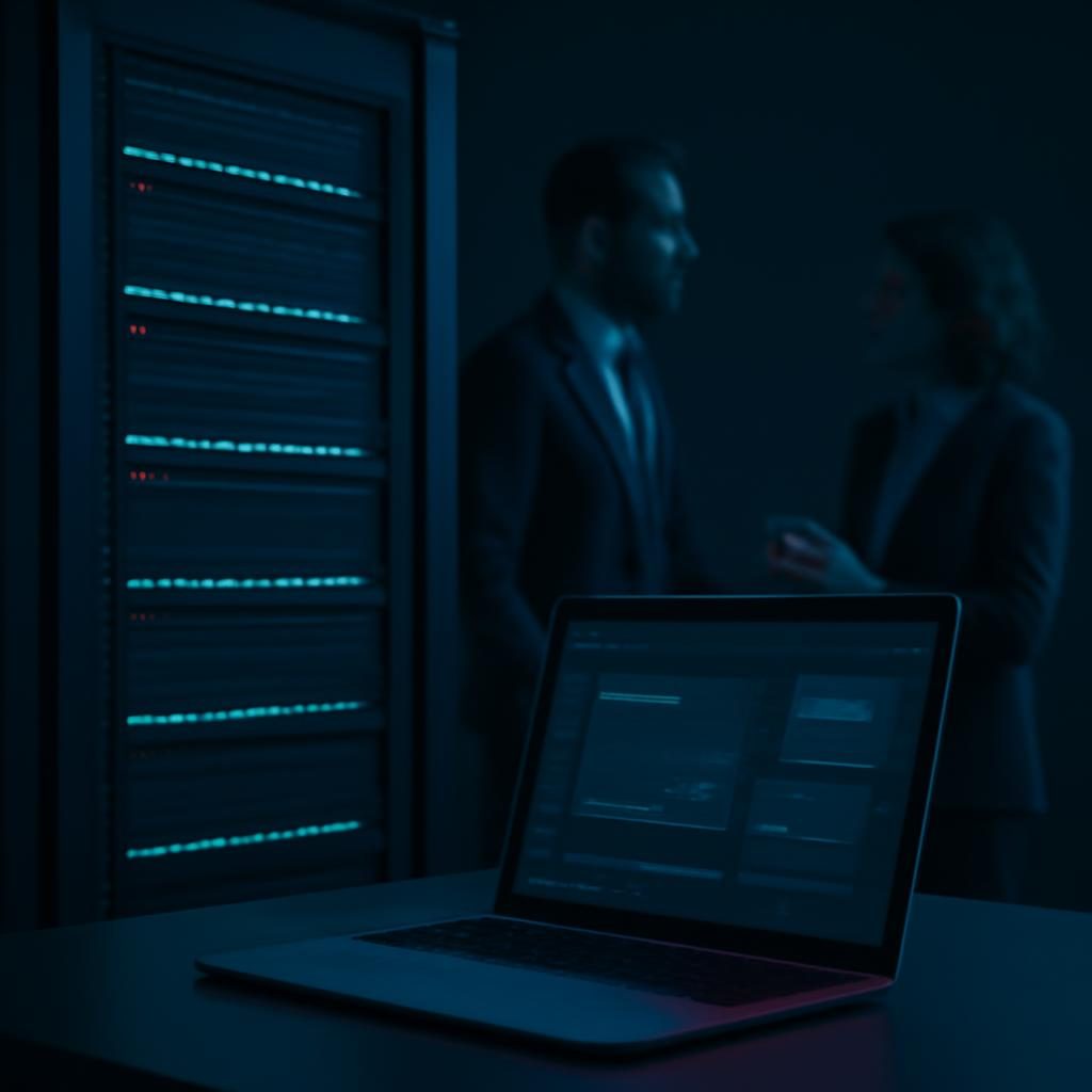 Servidores y laptop en ambiente profesional con acentos turquesa y morado