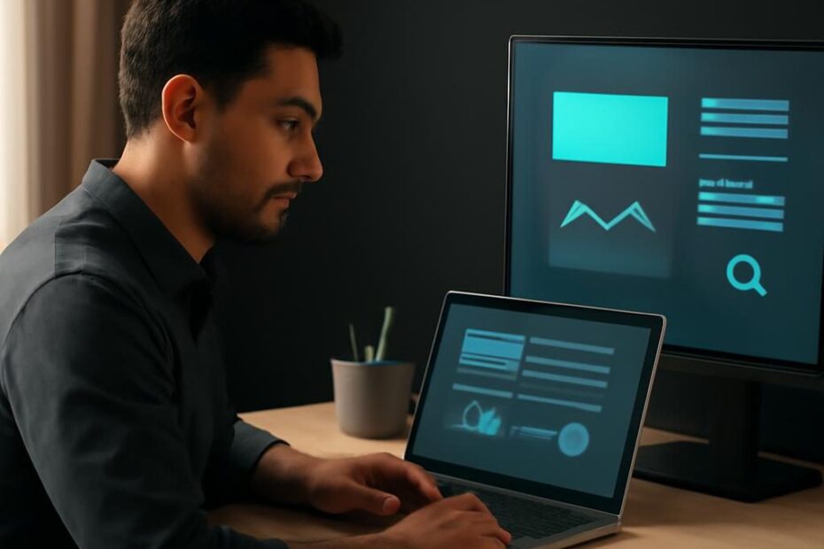 Dark professional hero image showing a website maintenance dashboard with turquoise and purple accents