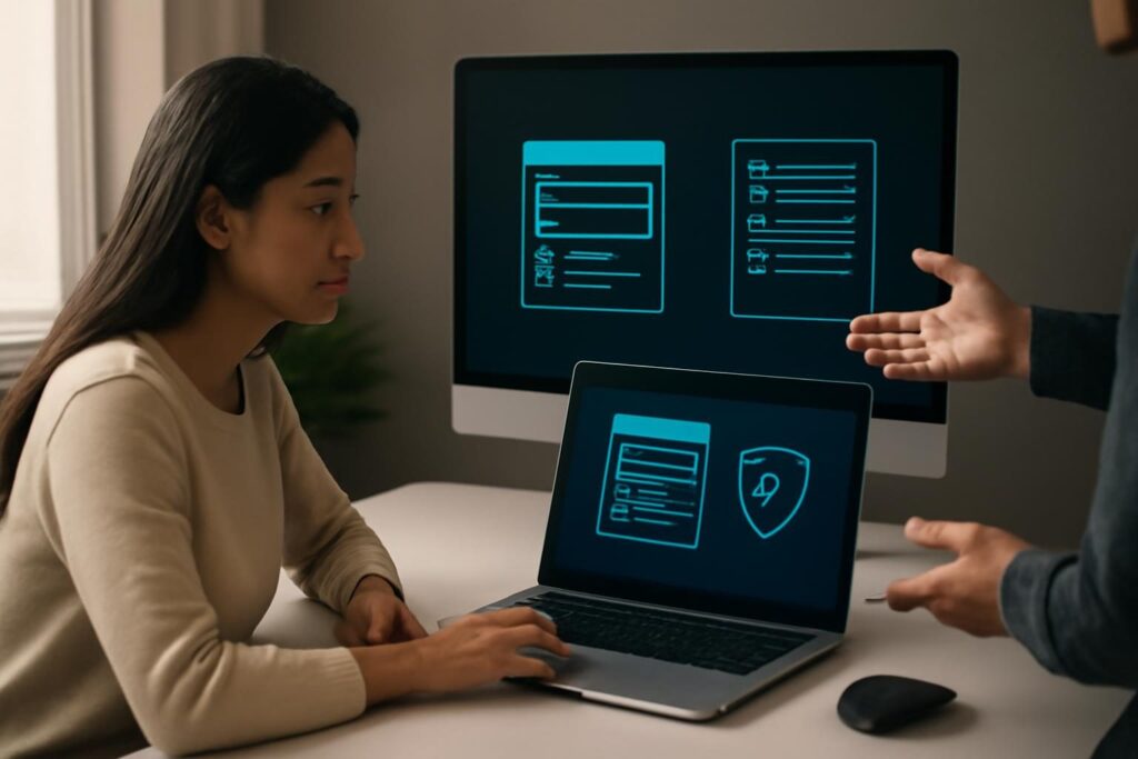 Website maintenance checklist with backup and security icons on a laptop screen