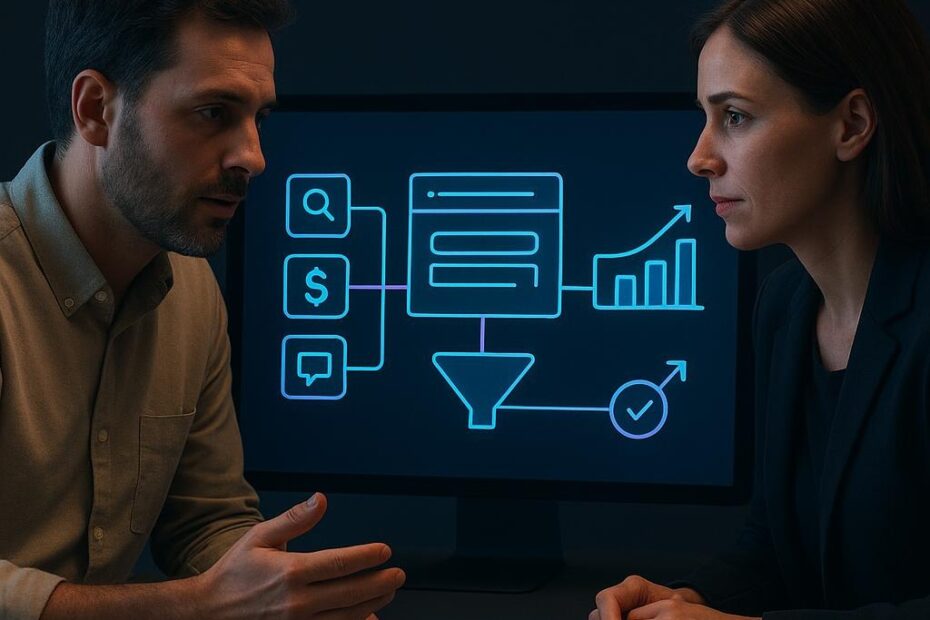Equipo de una PYME analiza en una pantalla las conexiones entre canales digitales, sitio web y conversiones.