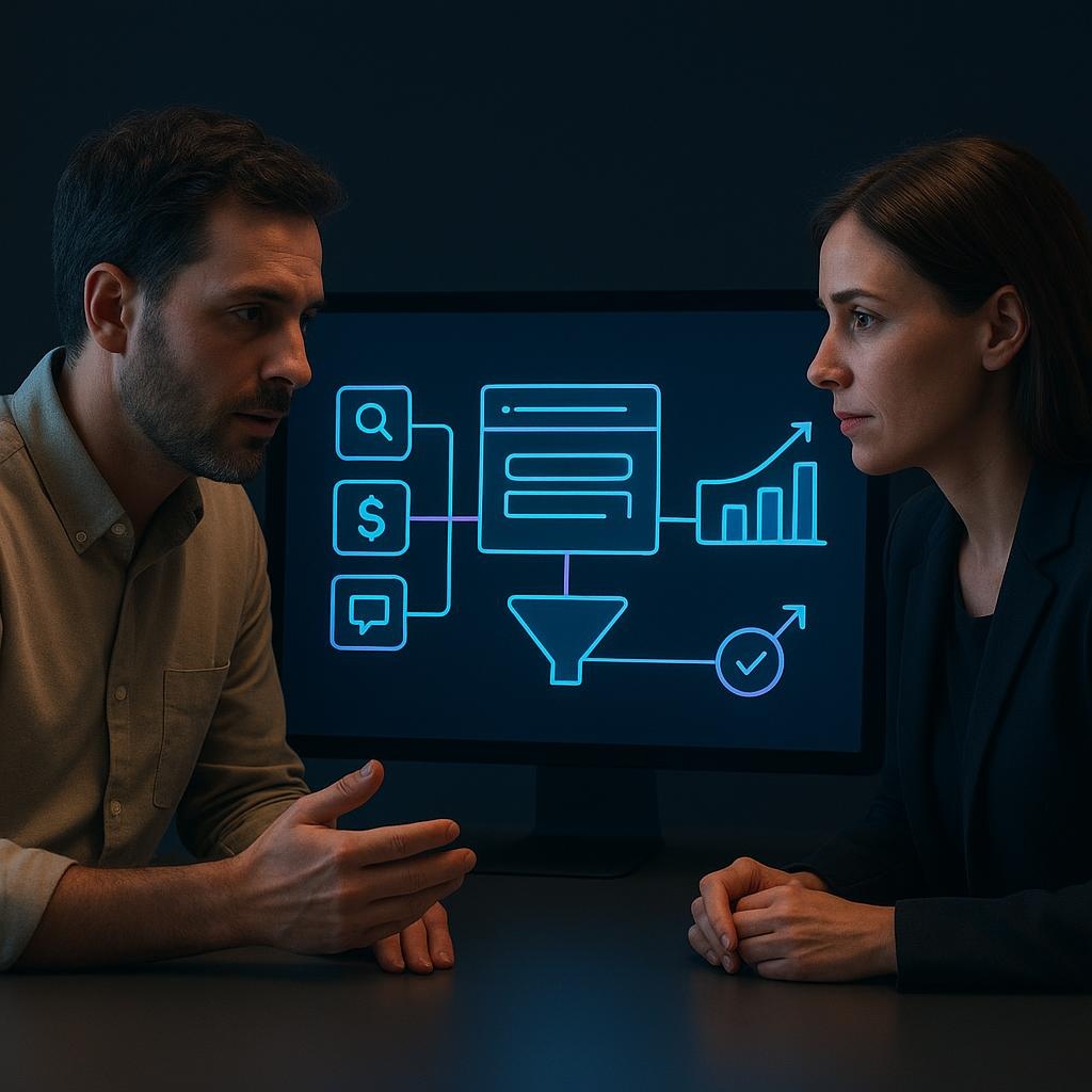 Equipo de una PYME analiza en una pantalla las conexiones entre canales digitales, sitio web y conversiones.