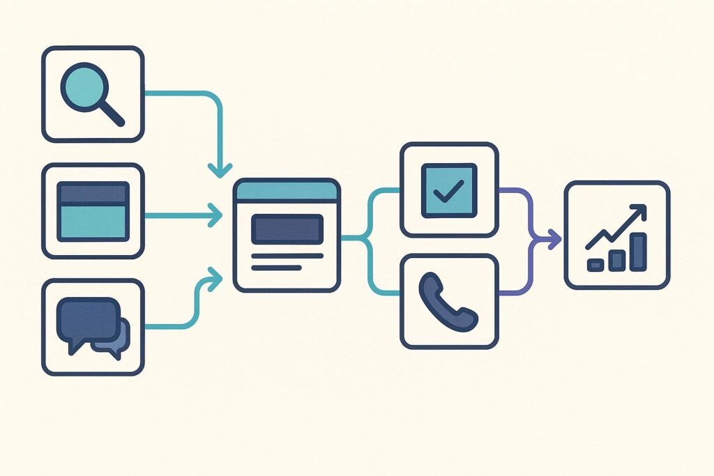 Diagrama que conecta búsqueda, anuncios, redes sociales y visita directa con un sitio web y dos tipos de conversión.