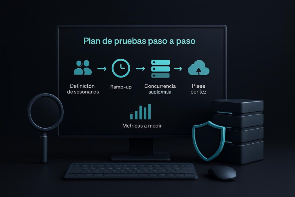 Infografía del flujo de pruebas: ramp-up, sostenida y picos, con métricas clave y componentes servidor/CDN.