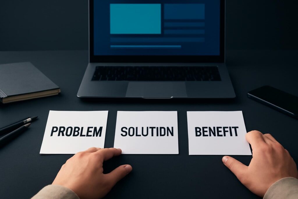 Visual conceptual de diferenciadores convertidos en mensajes claros para un sitio web