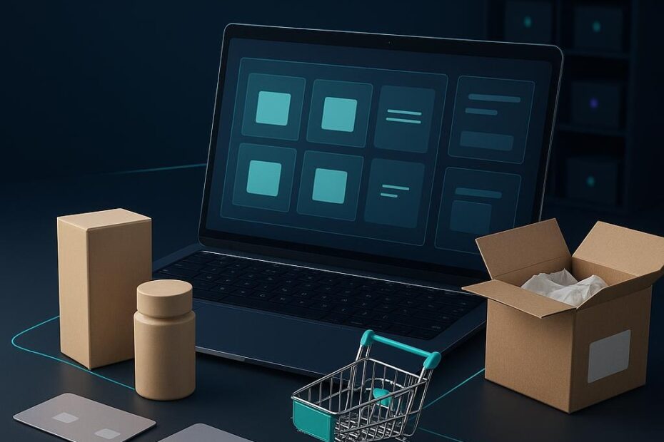 Composición editorial con una laptop de tienda en línea, productos, carrito, tarjetas de pago, caja de envío e inventario organizado.