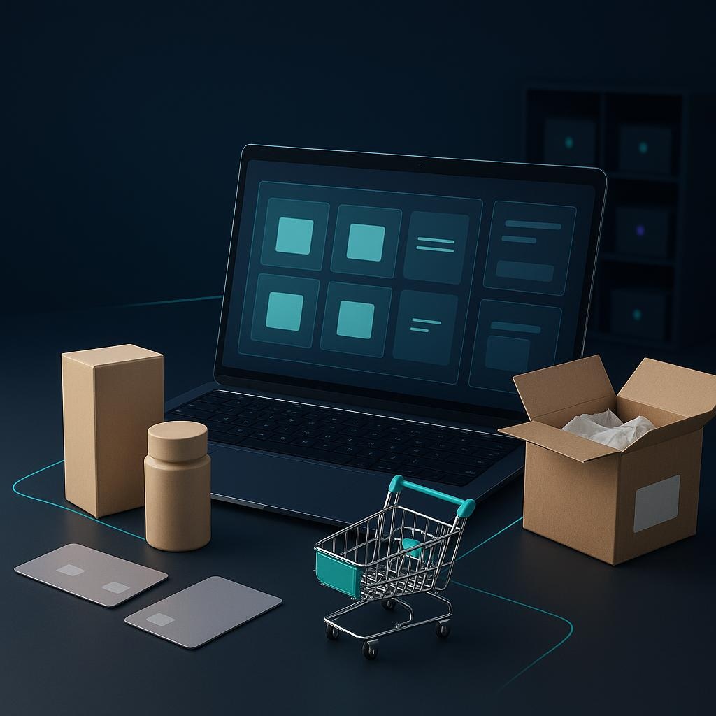 Composición editorial con una laptop de tienda en línea, productos, carrito, tarjetas de pago, caja de envío e inventario organizado.