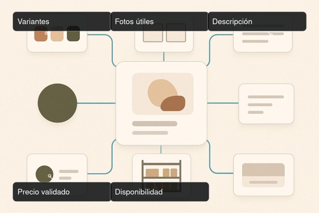 Diagrama de una ficha de producto central conectada con variantes, fotos, descripción, precio, disponibilidad y condiciones de compra.