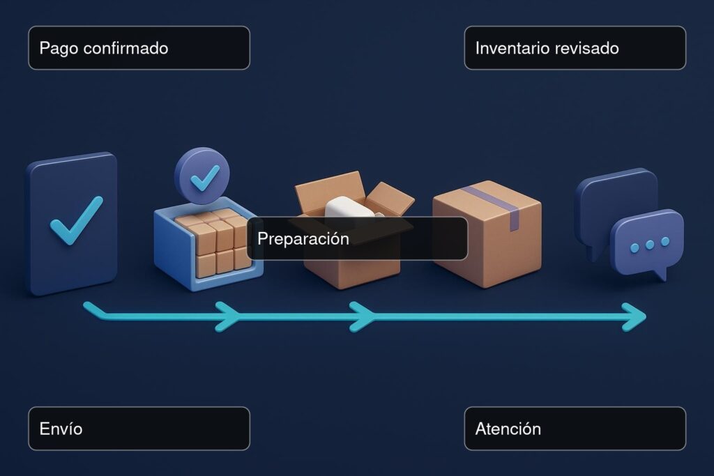 Diagrama horizontal de pago confirmado, inventario revisado, preparación, envío y atención como etapas de un pedido en línea.