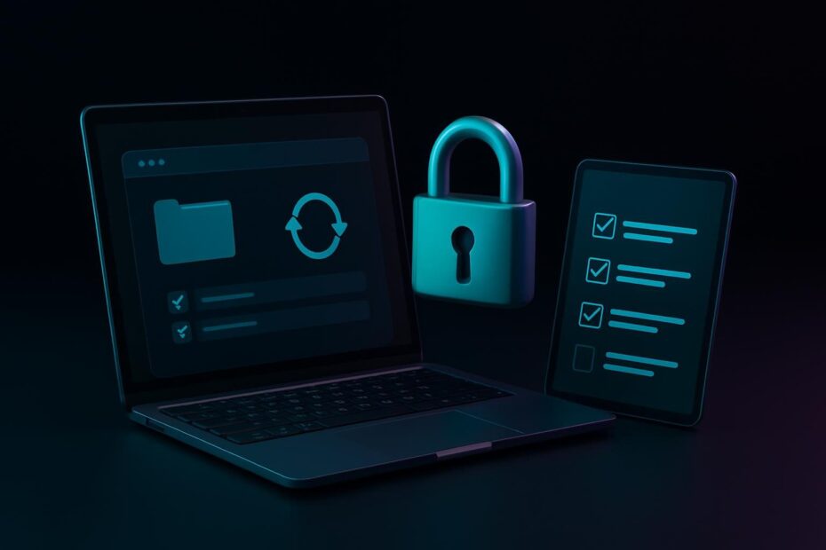 Panel de administración web en laptop con iconos de actualización, candado y lista de verificación en tablet, fondo oscuro turquesa-morado