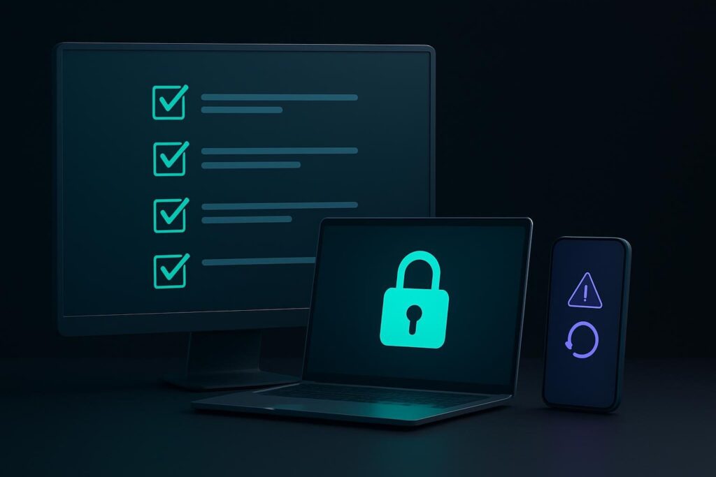 Lista de comprobación digital en monitor, laptop con icono de seguridad y smartphone con alertas de actualización