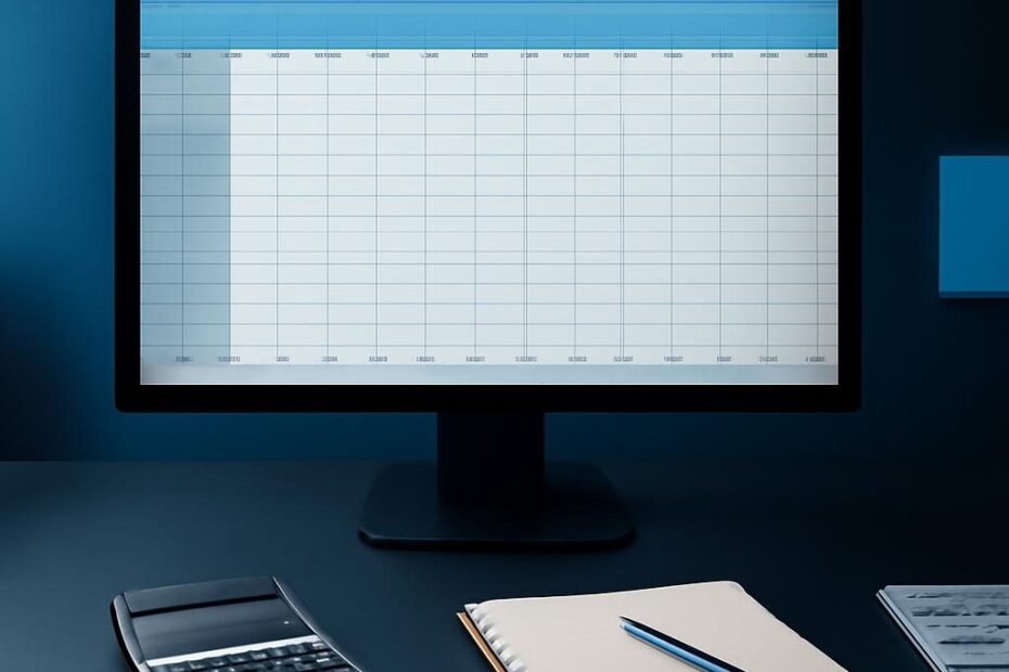 Escritorio profesional con monitor para trabajo contable y accesorios de oficina.