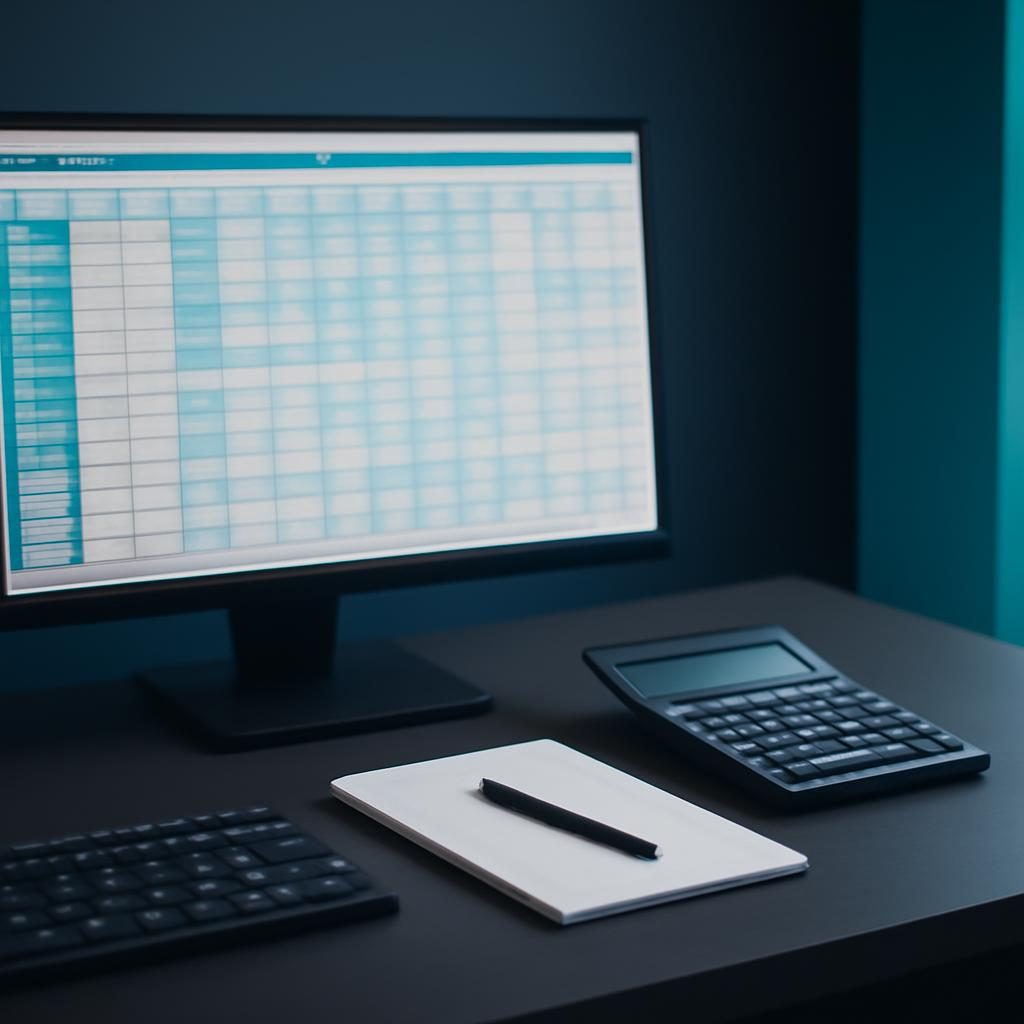 Escritorio profesional con monitor para trabajo contable y accesorios de oficina.