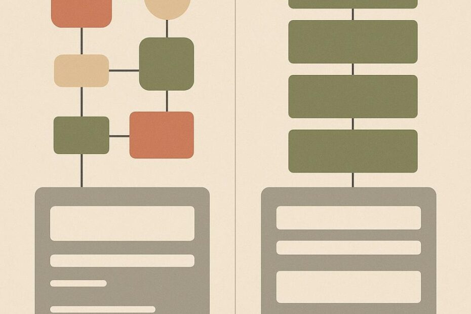 Comparación visual entre una ruta flexible de generación de borradores y una estructura modular de plantilla editorial reutilizable.
