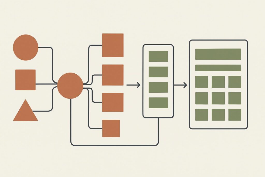 Diagrama que muestra cómo la información contextual se transforma en un borrador flexible y cómo los campos fijos forman una estructura repetible.