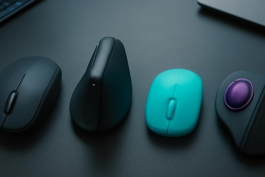 Diferentes tipos de mouses para oficina, diseño y trabajo móvil sobre un escritorio oscuro.