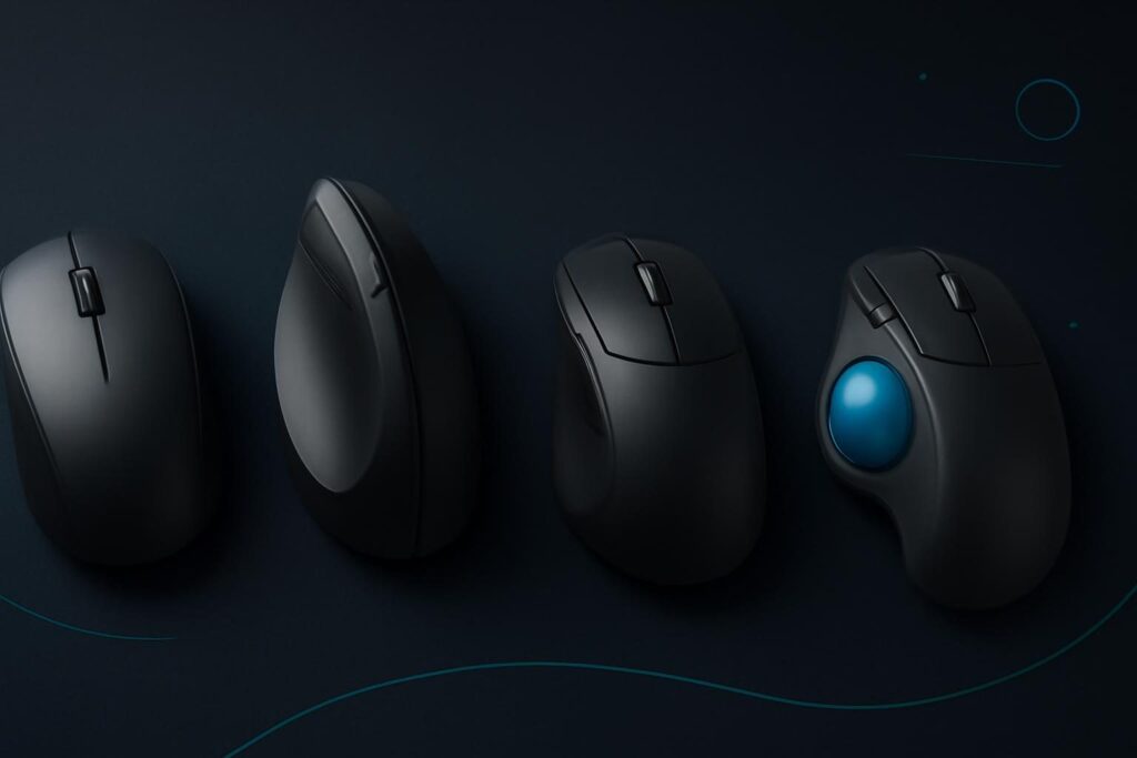 Comparativa visual de mouse convencional, vertical, de precisión y trackball.