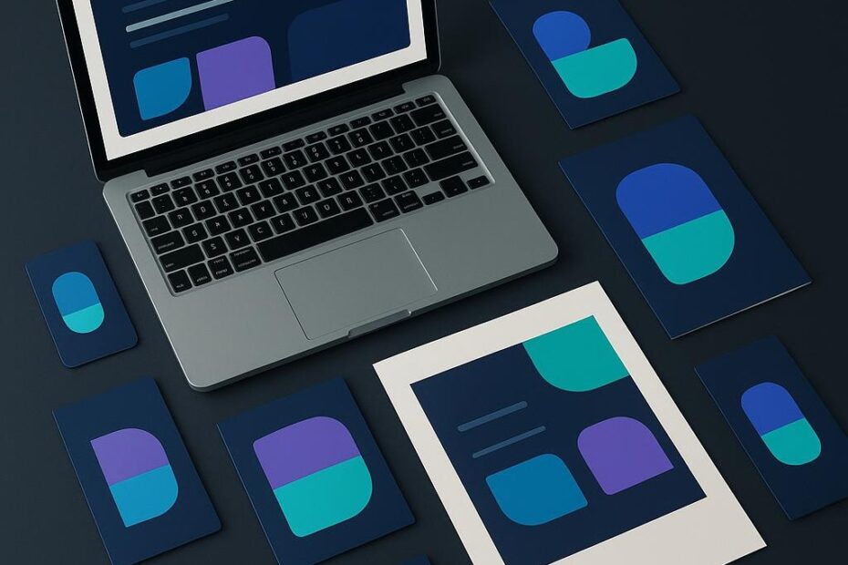 Conjunto de laptop, tarjetas digitales, presentación y materiales impresos con una misma paleta y estilo gráfico aplicado de forma coherente.