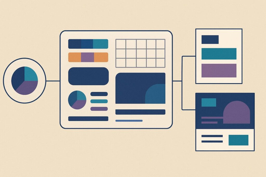 Diagrama de izquierda a derecha con un identificador abstracto, un sistema visual central y tres piezas de comunicación conectadas.