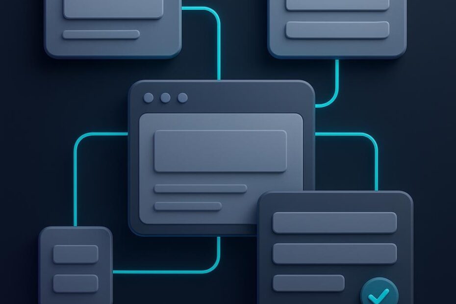 Ilustración de un sitio web empresarial con páginas principales y formulario de contacto conectados mediante rutas visuales ordenadas.