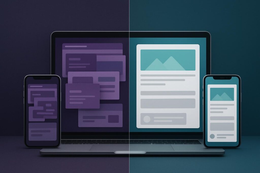 Comparación de una página web en computadora y celular antes y después de una revisión de contenido y estructura visual.