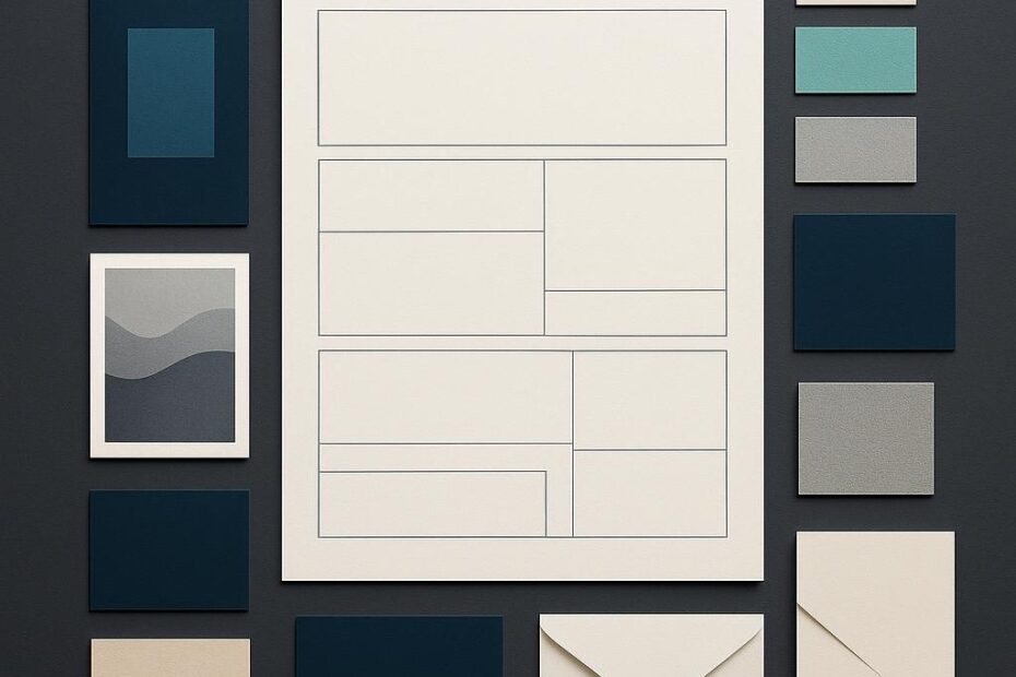 Vista cenital de un brief visual rodeado de formatos impresos, tarjetas de referencia, muestras de color y materiales organizados.