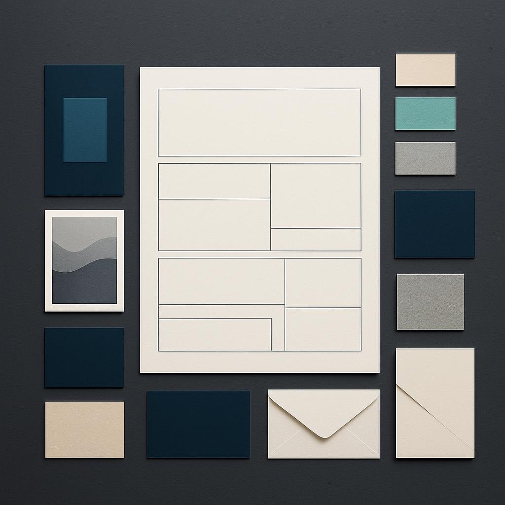 Vista cenital de un brief visual rodeado de formatos impresos, tarjetas de referencia, muestras de color y materiales organizados.
