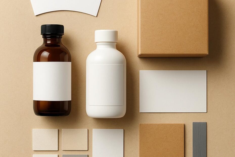 Envases sin marca, etiquetas en blanco, muestras de papel y cartón organizados sobre una mesa para planear un diseño de packaging.