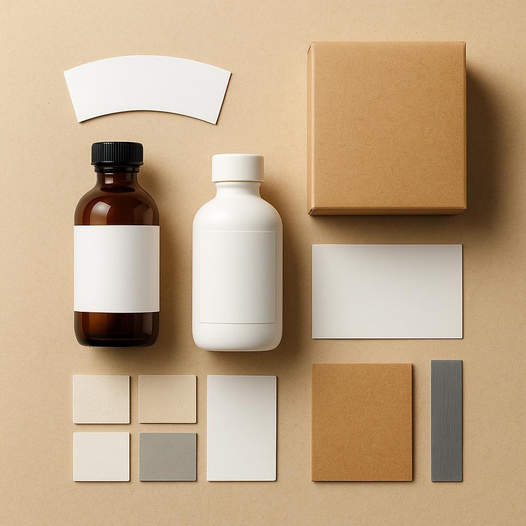 Envases sin marca, etiquetas en blanco, muestras de papel y cartón organizados sobre una mesa para planear un diseño de packaging.