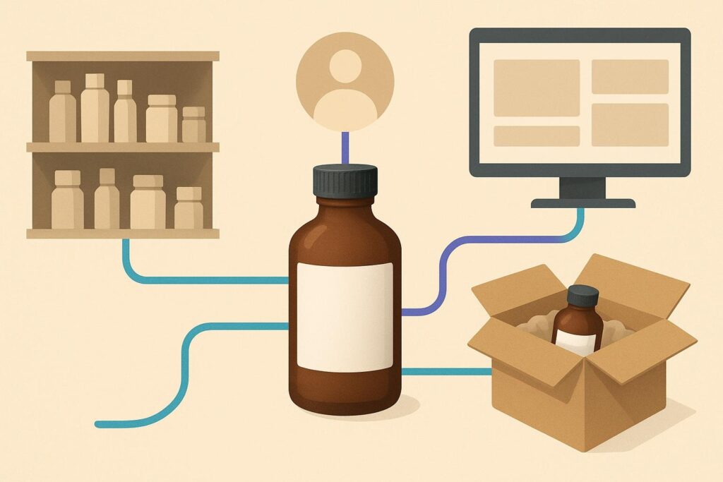 Diagrama de un envase genérico conectado con un anaquel, una caja de envío y una tienda digital para mostrar distintos canales de venta.