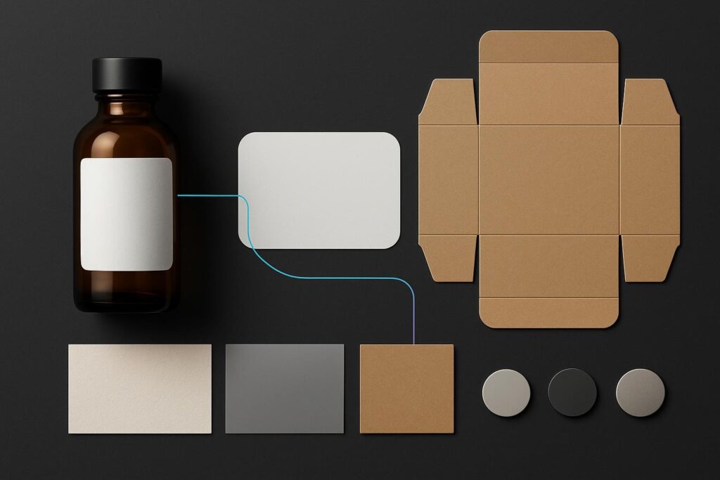 Diagrama técnico de un frasco, una etiqueta envolvente, una caja plegadiza y muestras de materiales para planear producción de packaging.