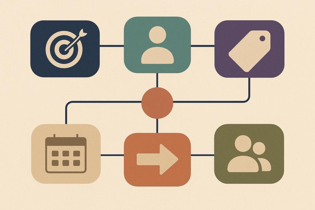 Diagrama de seis elementos conectados para planear una campaña temporal antes de crear sus piezas de comunicación.