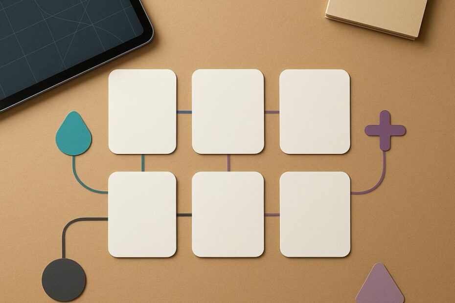 Mesa de trabajo con tarjetas en blanco, fichas de criterio y muestras de papelería para comparar opciones de nombre de marca.