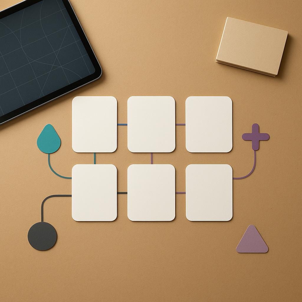 Mesa de trabajo con tarjetas en blanco, fichas de criterio y muestras de papelería para comparar opciones de nombre de marca.