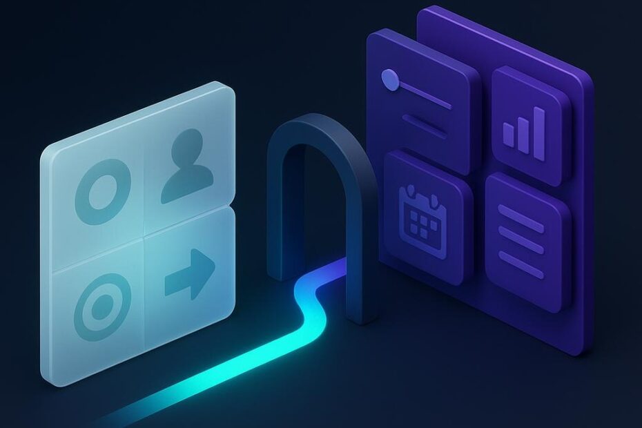 Diagrama isométrico con tarjetas cian de información pública conectadas por una ruta luminosa a tarjetas violetas de detalles comerciales variables.