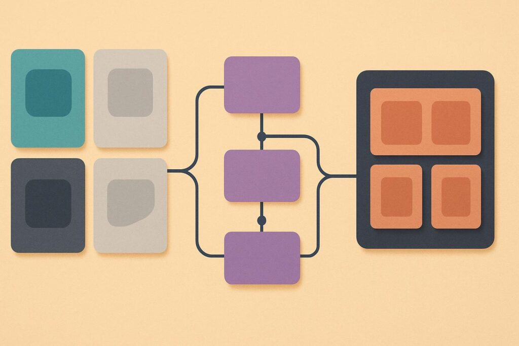Diagrama horizontal de tres columnas con tarjetas estables, variables conectadas y elementos delimitados para validación antes de cotizar.