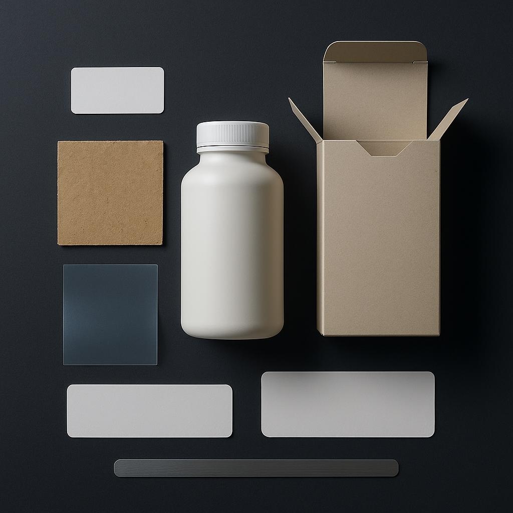 Vista cenital de un envase genérico, caja, etiqueta y muestras de materiales para planear un empaque.